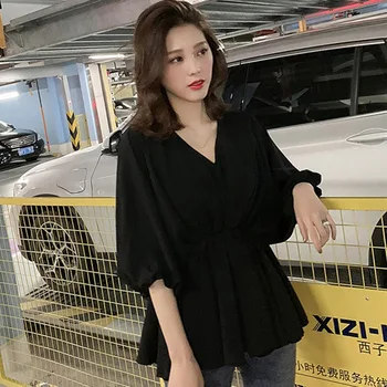 

Women V-neck Elegant Blouses Lantern Sleeve Elastic Waist Office Lady Solid Color Female Chiffon Shirts Blusa