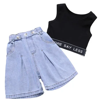 

Fashion Toddler Kids Infant Baby Girl Clothes Set Sling Top Vest Denim Flare Pants 2pcs Summer Outfit Clothes Set Girl 2-7Y
