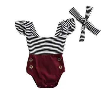 

Summer Patchwork Sleeveless Romper Striped Fly Sleeve Ruffle Rompers Jumpsuit Newborn Baby Girl Boy Clothes Infant Clothing