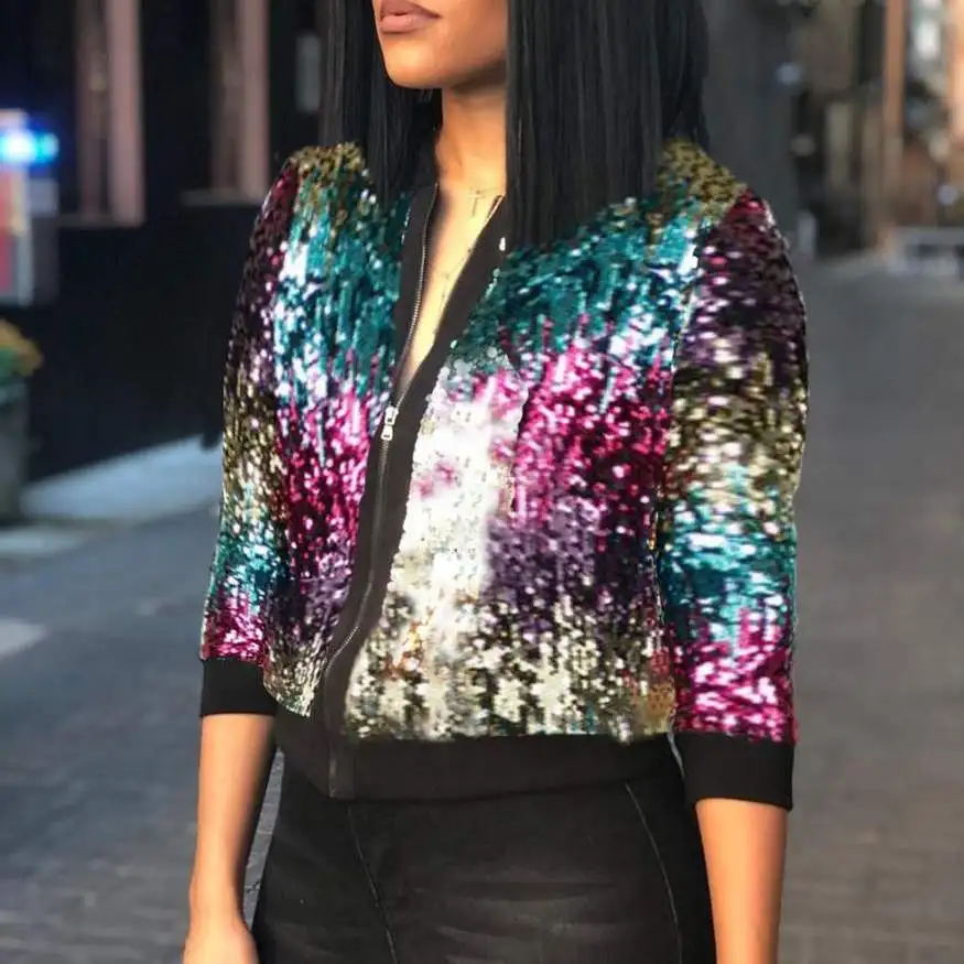 

2019 Women Baseball Jacket Autumn Fashion Glitter Sequined Casual Bomber Jacket Zipper Short Front Pocket Crop Biker Sport Coat