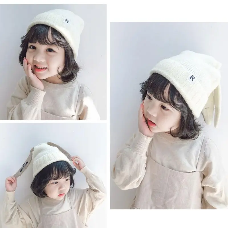 Детская зимняя теплая вязаная шапочка для девочек и мальчиков милый кролик длинное ухо осенние шапки