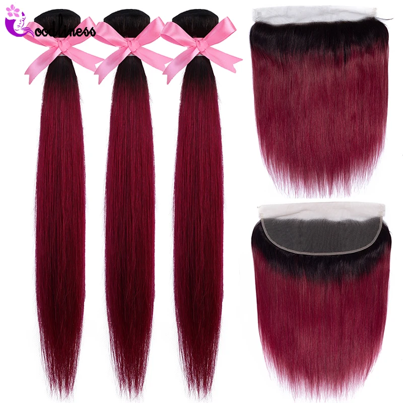 

Goodliness 1b/Burgundy Ombre Bundles With Lace Frontal Closure 2 Tone Red 99J Remy Peruvian Straight Hair 3 Bundles With Frontal