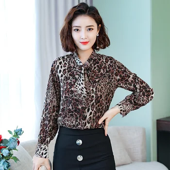 

Leopard Print Bow Neck Long Sleeve T Shirt Women Spring New Autumn Fashion Loose Workwear Tees