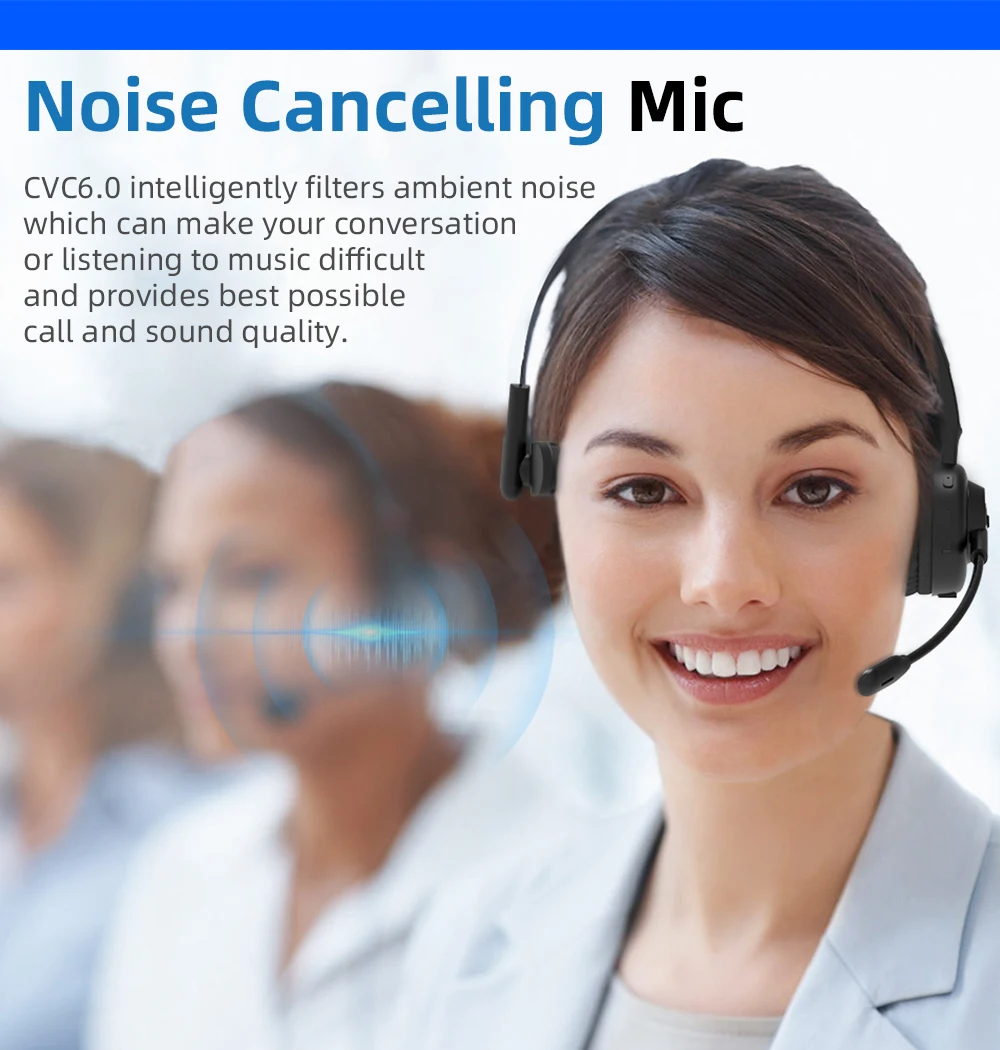Monaural Bluetooth Wireless Noise Cancelling Headphones Call Center VOIP Headset for Office Telephone Operator with Microphone
