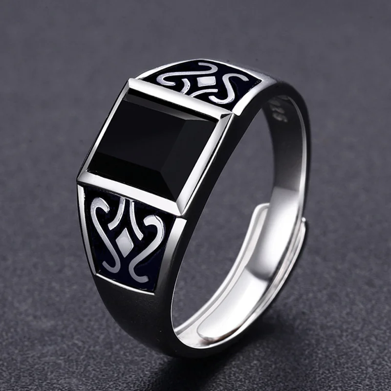2024 Trendy Men Ring Jewelry Adjustable Finger Accessorie Male Silver 925 Ring Fashion Flower Rectangle Crystal Bijou - 3