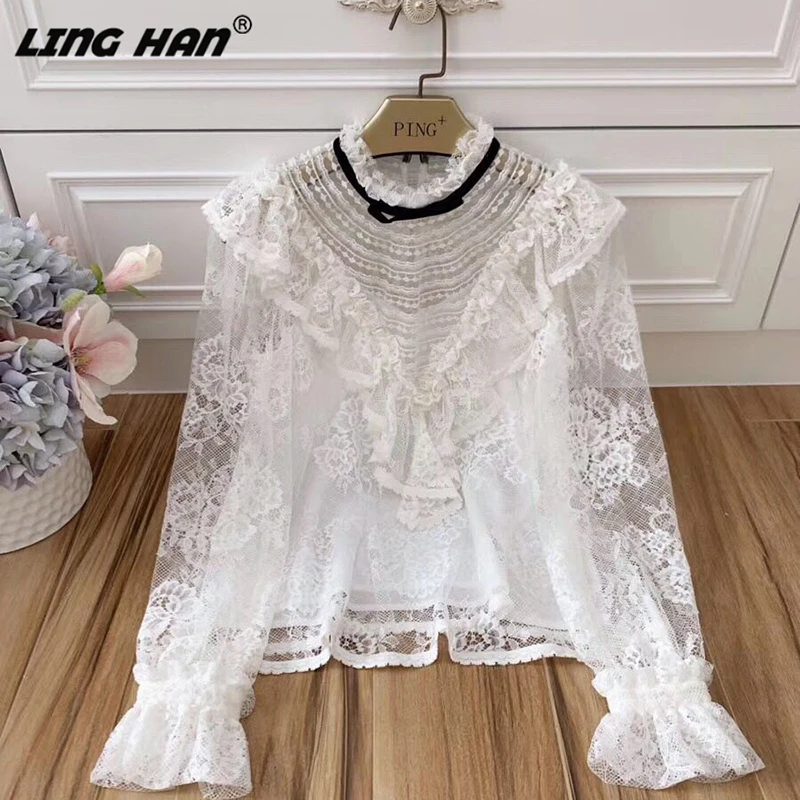 

LINGHAN Fashion Designer Lace Top Stand Embroidery Sexy Hollow Out shirt Autumn new Women