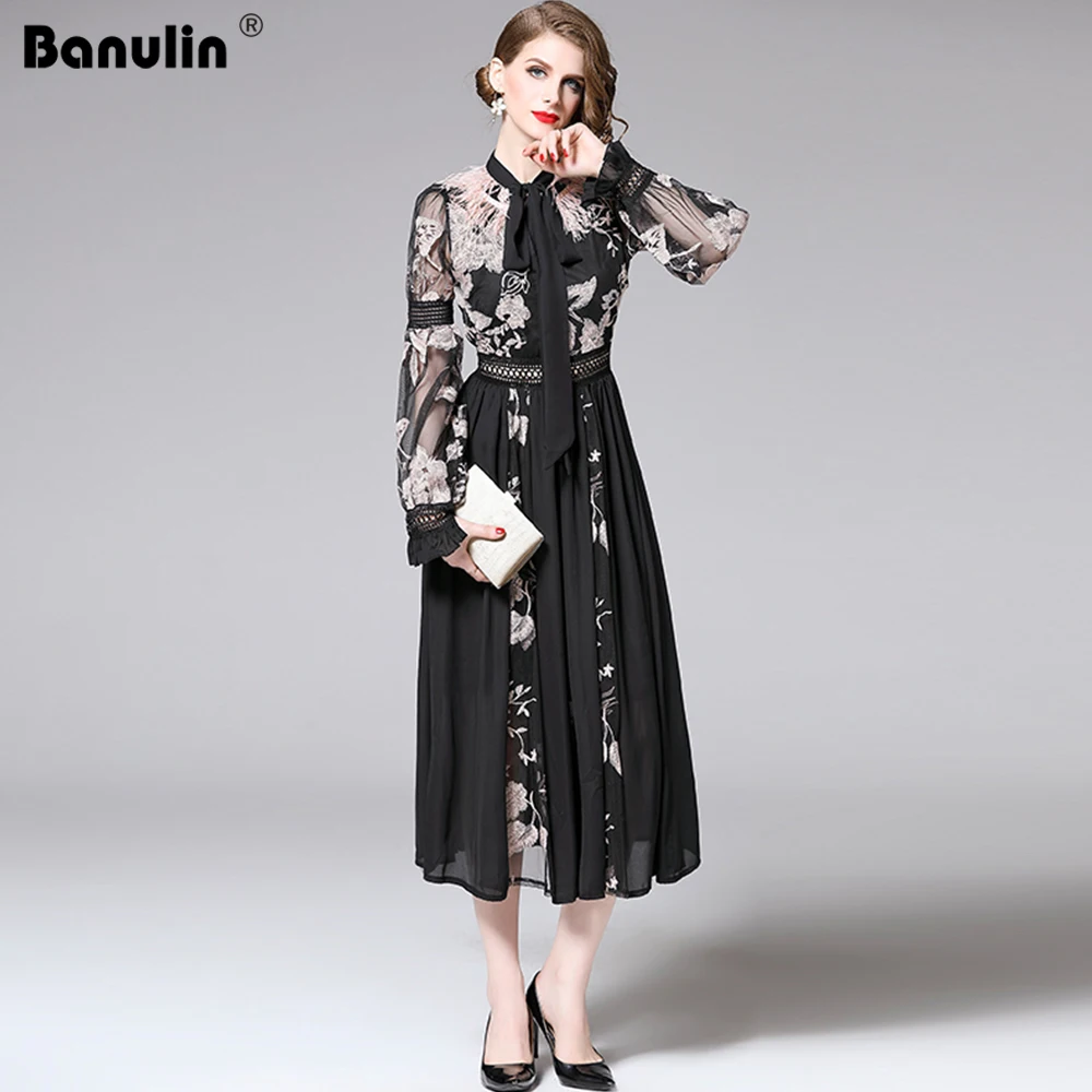

2020 New Runway Autumn Dress Women Bow Tie Feather Lantern Long Sleeve Hollow Out Embroidery Chiffon Patchwork Long Dress