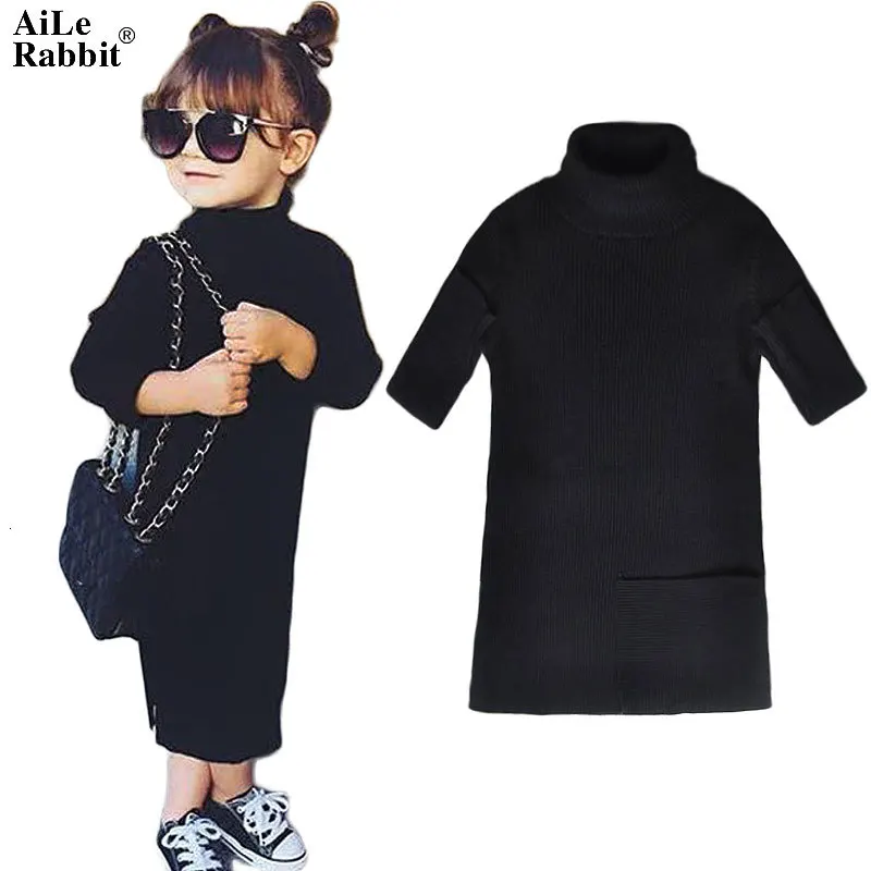 AiLe Rabbit/модное зимнее платье для девочек в стиле поп длинное платье-свитер с открытой секцией детское вязаное осеннее оборудование для родителей и детей, k1 - Цвет: Черный