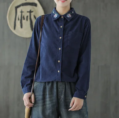 

2019 Autumn Mori Girl Retro Embroidery Long Sleeve Loose Corduroy Shirt Female Blouse Hippie Boho Women Casual Shirt Tops Coat