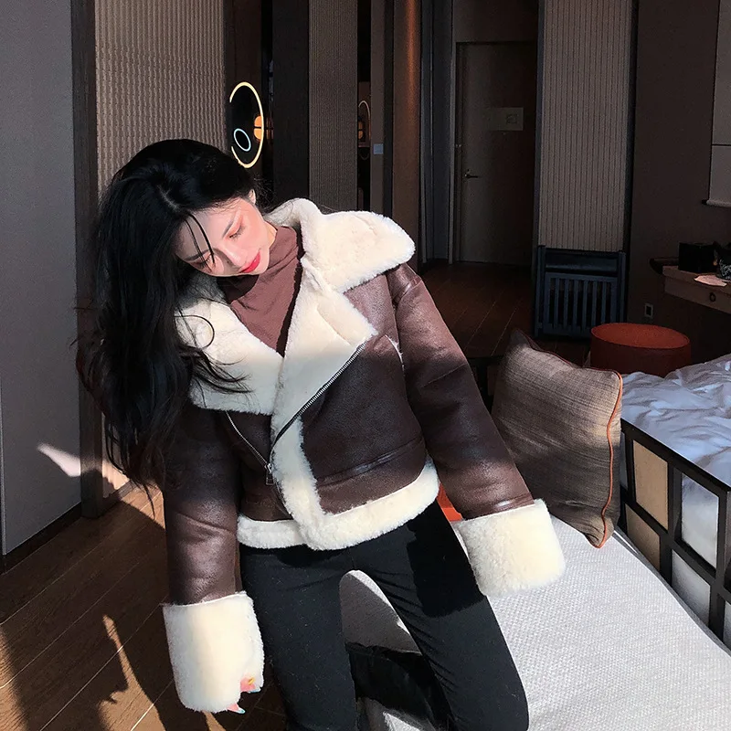 2019 Winter High -Quality Jacket Female Suede Lamb Keep Warm Wool Coat Motorcycle Lapels Coat Female Thicker Jacket Women black