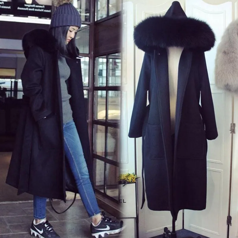 

Woolen Coat Women Tide Hooded Fur Collar Winter Coat Women Warm Parkas Long Jacket Female Autumn Wool Coats Manteau Femme C2779