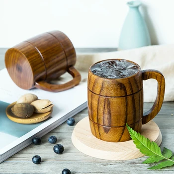

Natural Solid Wood Travel Mug Handle Coffee Cup Milk Mug Beer Mug Wooden Creative Mug Water Glass Wine Barrel Wooden Mug