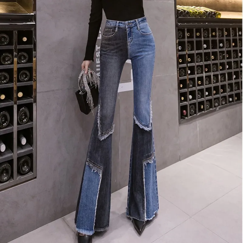 

2021 Winter Denim Retro Burrs Patchwork bell-bottomed pants Women High Waist Fashion Worn Out Hole Long Flare Jeans plus size