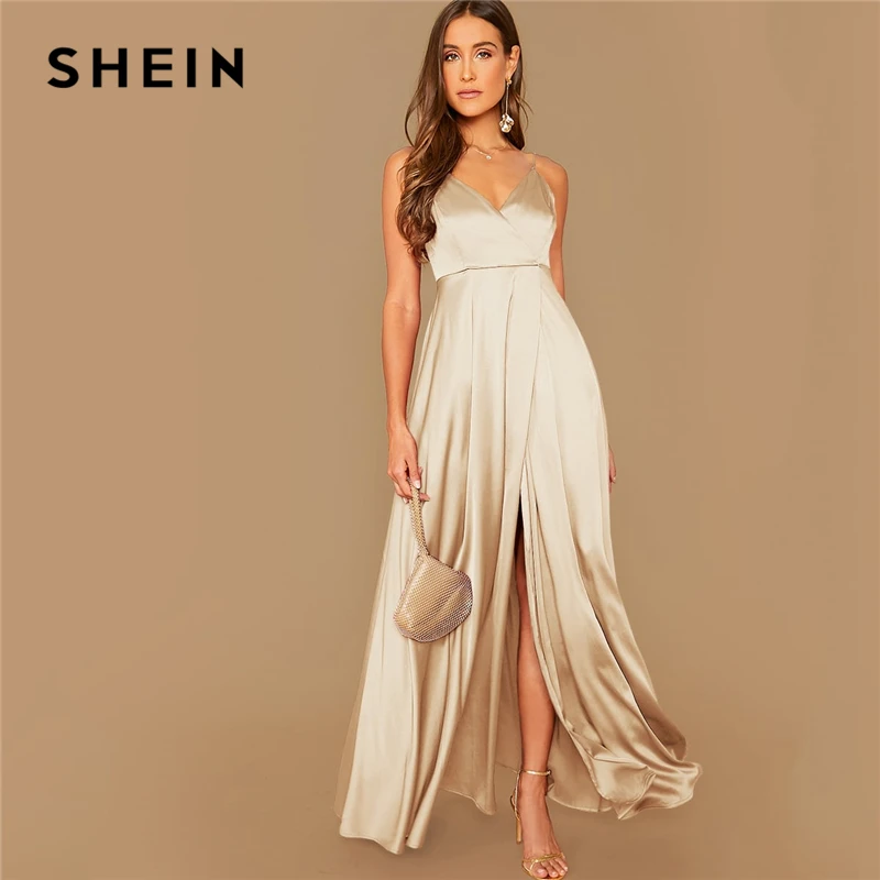 SHEIN модное однотонное атласное платье на тонких бретельках с запахом, женские осенние пикантные вечерние платья макси без рукавов с высокой талией на бретельках
