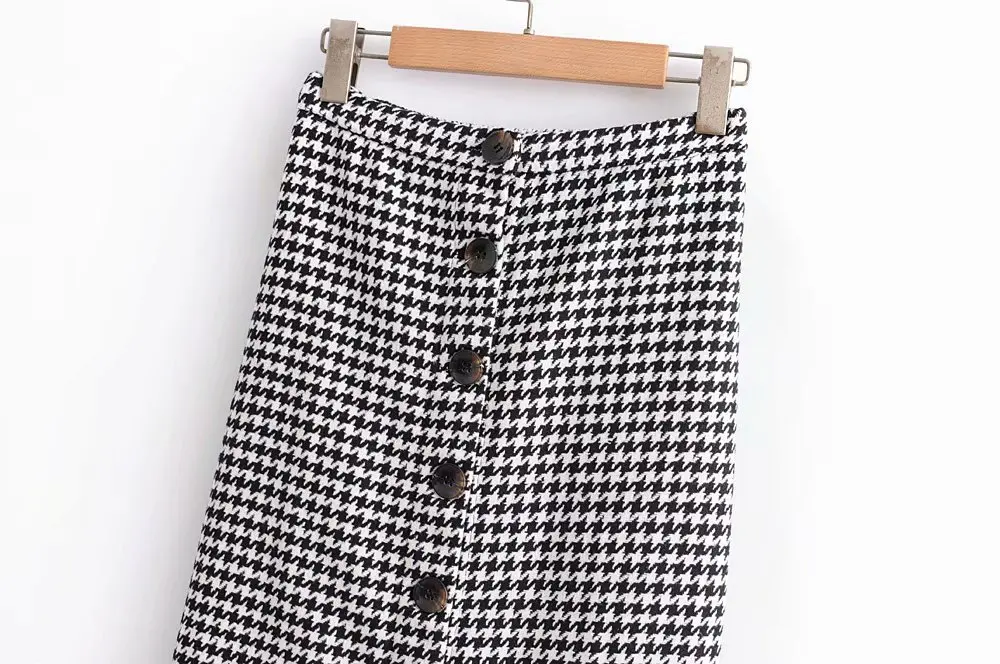 QZ807 Autumn Women's Front Split Buttons Deco Houndstooth Pattern Pencil Skirt Saias