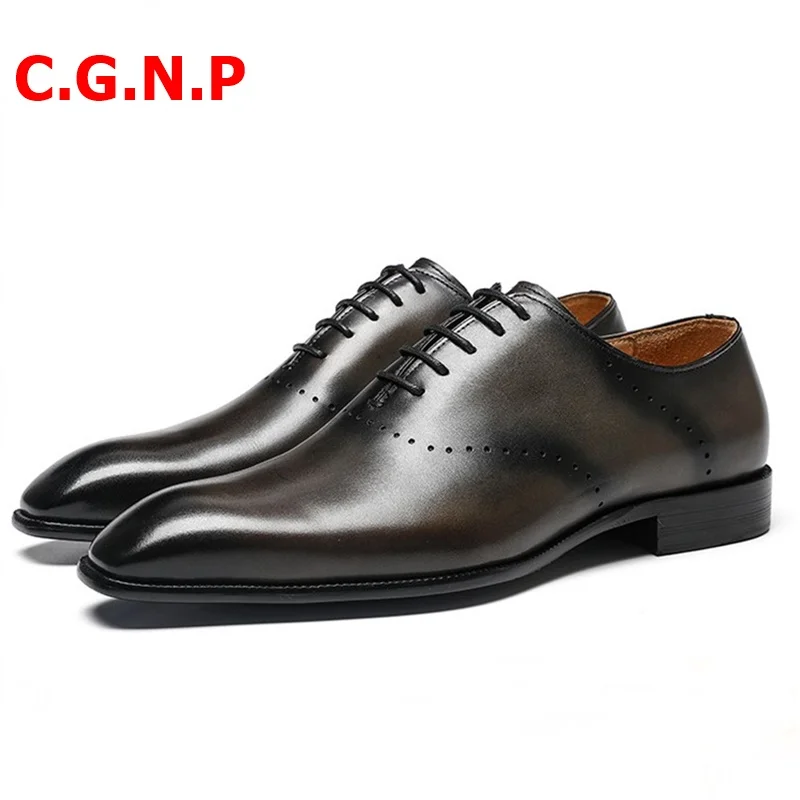 

C.G.N.P Goodyear Oxfords Retro One Piece Cut Patina Genuine Leather Men Shoes Luxury Lace-up Dress Shoes Breathable Formal Shoes