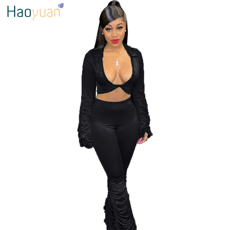 

HAOYUAN Sexy Two Piece Set Women 2020 Rave Festival Fall Clothes Crop Top and Pant Sweat Suit 2 Piece Club Outfits Matching Sets