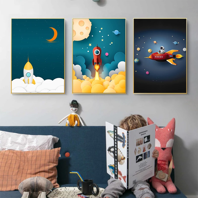 Cartoon Rocket Astronaut Art Wall Poster - Printing On Canvas