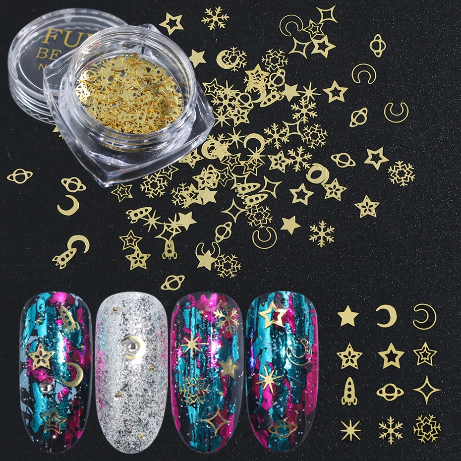 120pcsbox 3D Alloy Flakes Nail Art Decorations Gold Star Moon Snowflake Metallic Sequins Paillete Manicure Accessories BE970-C