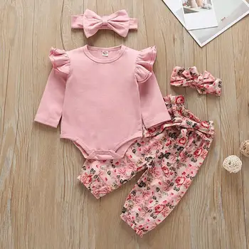 

Baby Girls Clothes Sets Comfort and Soft Long Sleeve Romper and Personality Printing Floral Pants and Two Headdresses