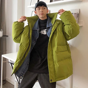 

2019 Winter New Men's Thick Denim Stitching Solid Color Hooded Loose Version Casual Bread Cotton Coat M-5XL