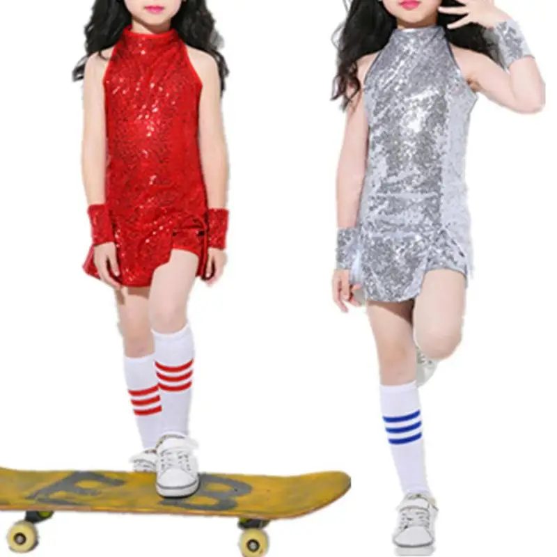 Детская безрукавка для девочки, танцевальный костюм с напульсниками, модная танцевальная одежда с блестками в стиле хип-хоп, латинский сценический костюм для выступлений