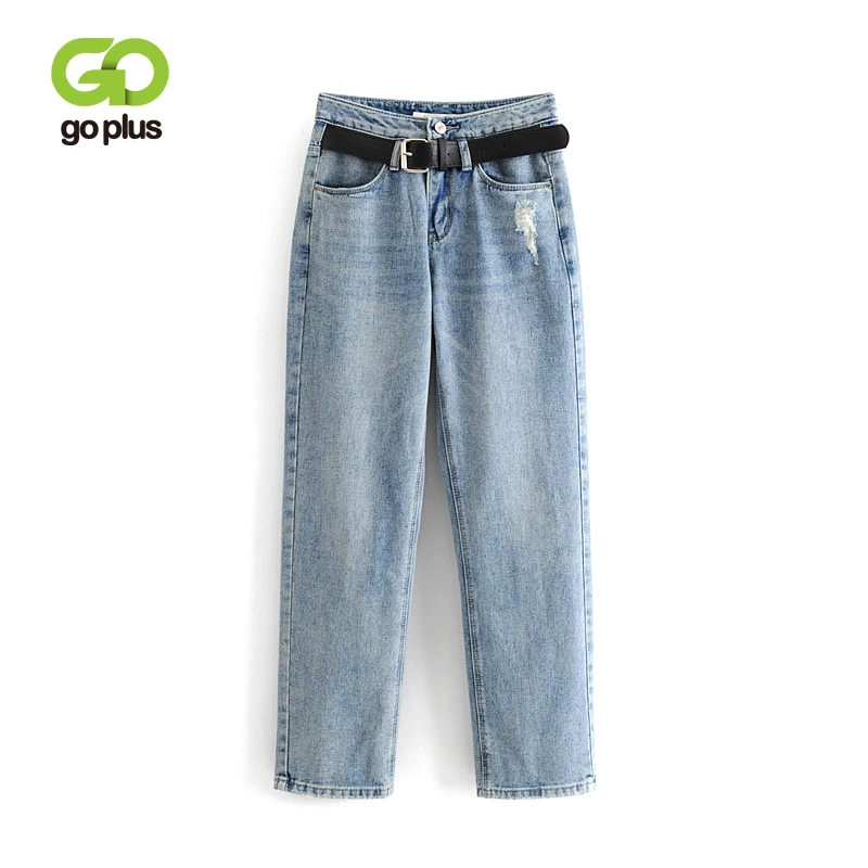 

GOPLUS Blue High Waist Belted Jeans Women Spring Casual Elegant Denim Trousers Full Length Solid Straight Pants Jeans C7836