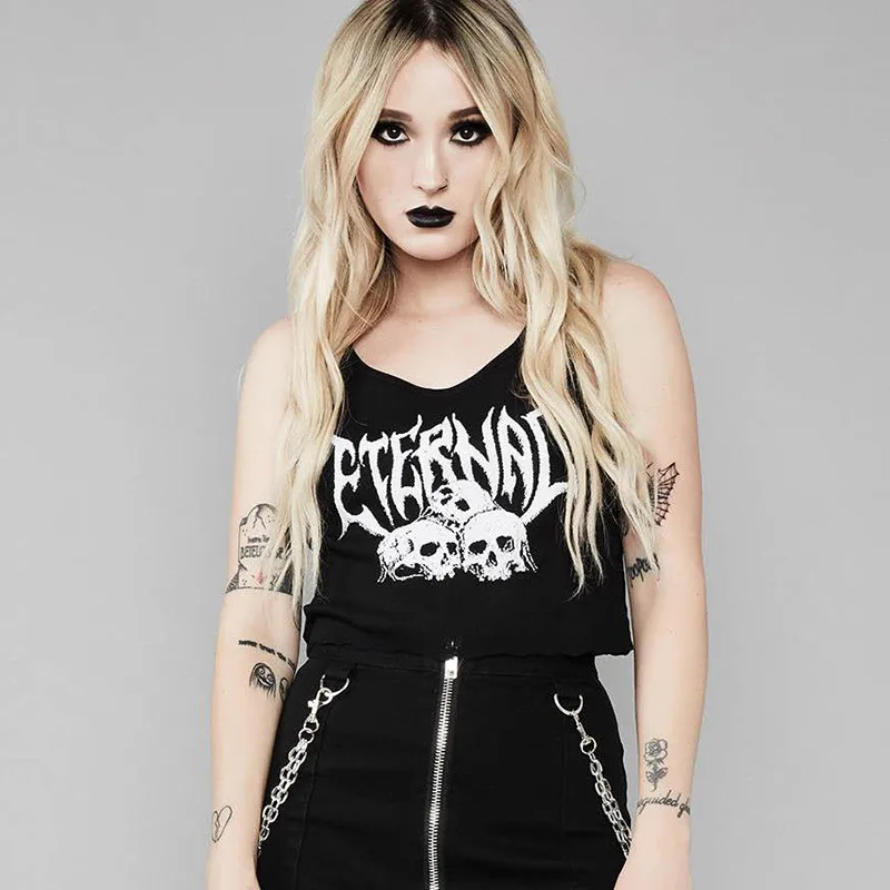 

yuqung Dark Gothic Symbol Skull Eternal Letter Printed Knit Short Tank Tops Women Girls Summer Crop Punk Tanks Vest Sleeveless