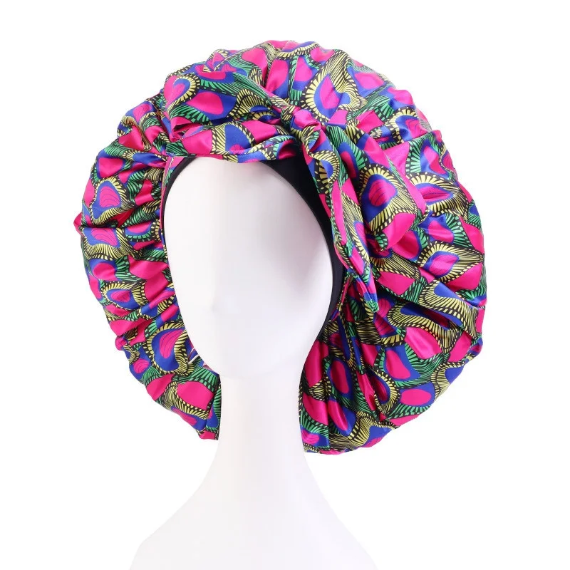 Extra Large African Pattern Print Satin Bonnet Women Night Sleep Cap Adjustable Wide Band Elastic Head Wrap Hair Bonnet Hat
