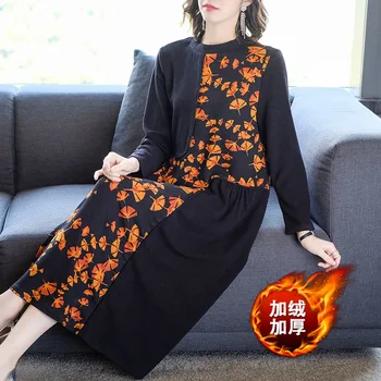 

2019 Vintage Plus Velvet Thickening Midi Dress Autumn Winter 4XL Plus Size Long Sleeve Dress Elegant Women Bodycon Party Vestido