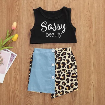 

1-5 Years Girls 2pcs Set Letter Sassy Beauty Round Neck Sleeveless Crop Tops Shirt Button-Down Short Leopard Skirt Girls Set
