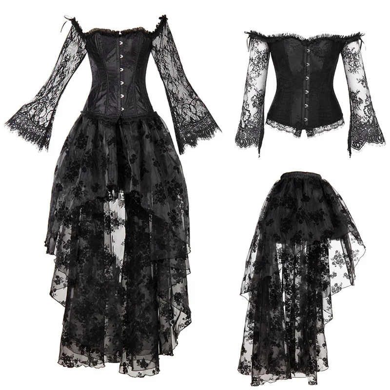 Sexy Steampunk Corset Dress Women's Medieval Victorian Gothic Lace Bustiers Corset+ Irregular Skirt Wedding Party Corset Dress