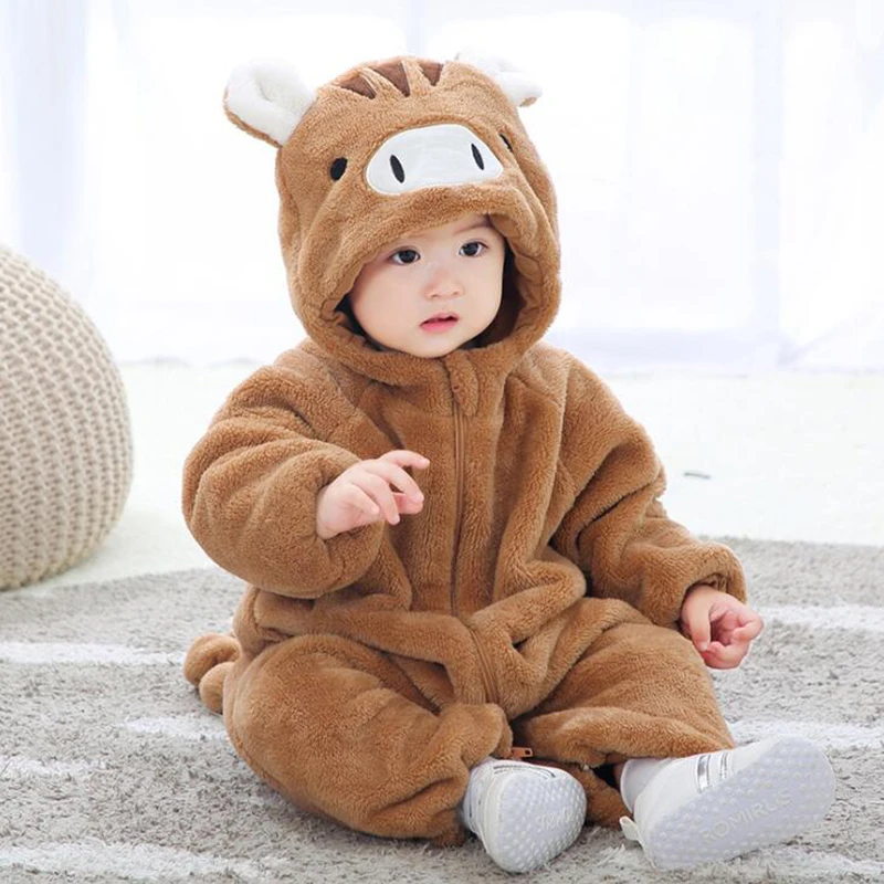 Зимняя одежда для маленьких девочек; комбинезон со Свинкой; Kawaii; Двухслойный утепленный хлопковый комбинезон для детей; теплая Пижама с животными; одежда для сна с капюшоном - Цвет: Хаки