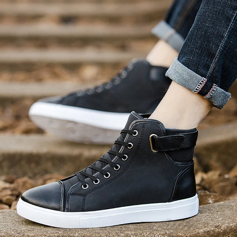 2023 New Fashion Men Casual High Top Sneakers Shoes Oxfords Leather Shoes Lace-up Autumn Winter Motorcycle Boots Breathable