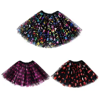 

Kids Girls Halloween Princess 3 Layers Tutu Skirt Colorful Metallic Pumpkin Spider Web Skull Mesh Tulle Pettiskirt Cosplay