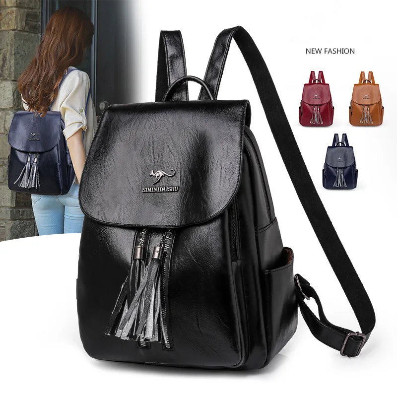 

Preppy Style Women Clamshell Backbag PU Leather Elegant Tassel Designer Packbag Female Retro Solid Color Bagpack Teens Backpack