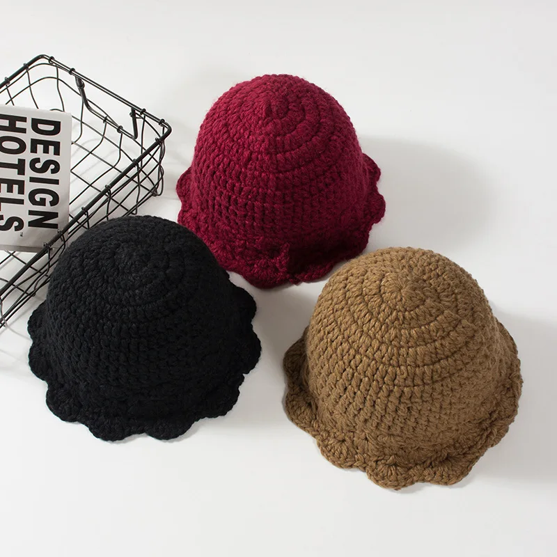

2019 New Style Autumn And Winter Children Handmade Yarn Knitted Hat Outing Warm Solid Color Korean-style Baby Bucket Hat Bucket