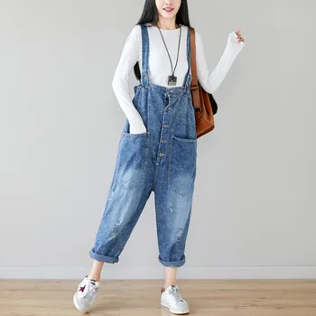 

New personality washed denim restoring ancient ways do old hole buttons big yards tall waist overalls