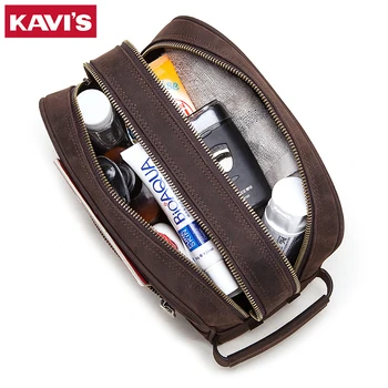 

KAVIS Fashion Crazy Horse Cosmetic Men Bag Cow Leather Portable Male Makeup Handbag Man Wash Pouch Necessity Travel Organizer