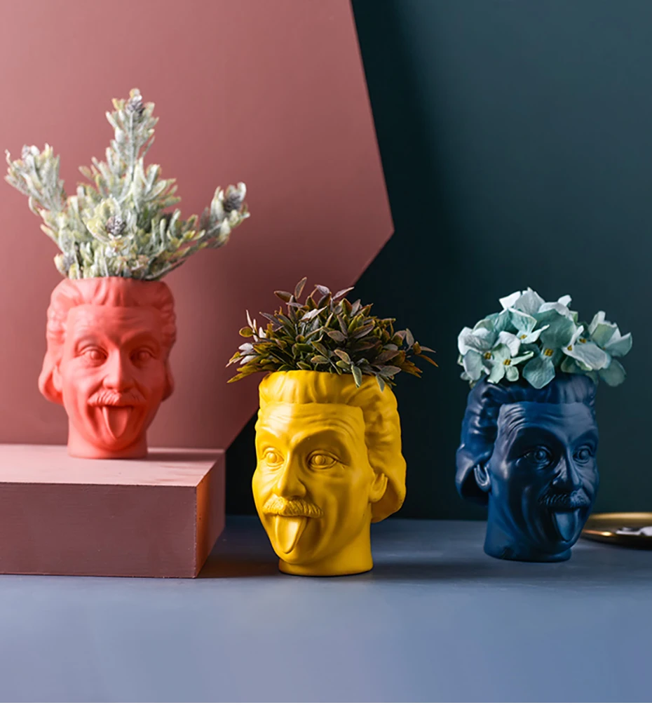 Einstein Avatar Vase Human Head Vase Portrait Flower Pot Pen Holder Storage Tank Flower Arrangement Scientist Statue Ornament