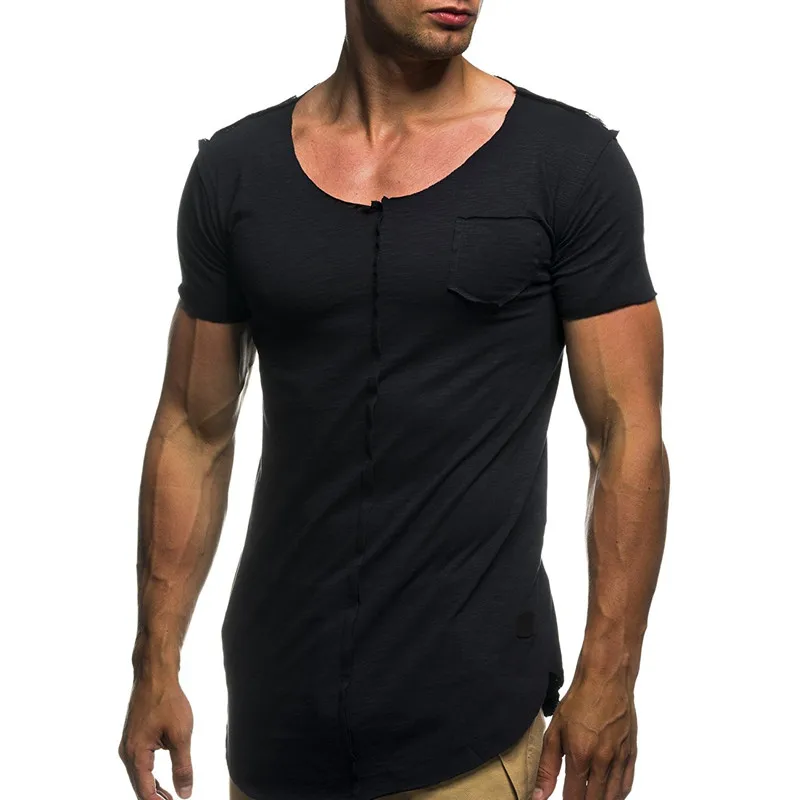 

Summer Long T Shirt Men Short Sleeve Fitness T-shirt Fashion Solid Slim Fit O Neck Tshirt Men's Splice Hip Hop Streetwear