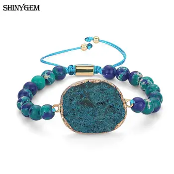 

Charm Bohemian Natural semi-precious Gem Bangles 4mm Gold Plating Chain / 8mm Imperial Jasper Beads Bracelets For Women wedding