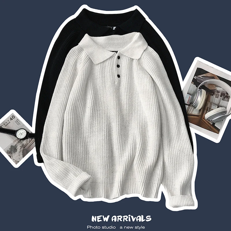 

Autumn New Polo Sweater Men Fashion Solid Color Casual Lapel Knit Sweater Man Sweter Clothes Wild Long-sleeved Pullover Men