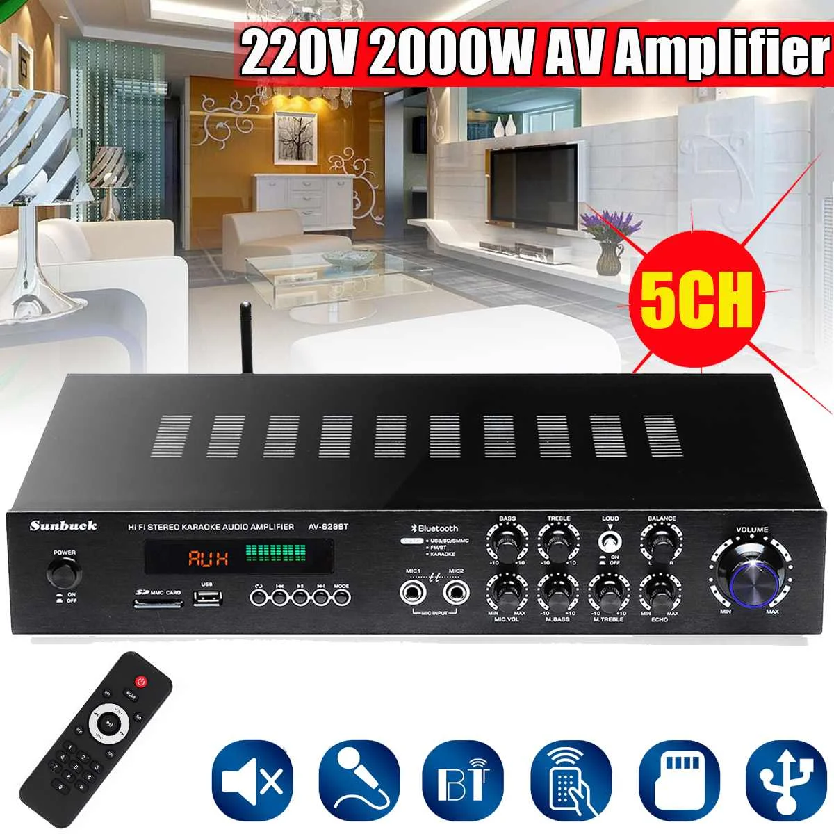 

220V 5 Channels bluetooth Home Theater Amplifiers Surround Sound Power Amplifier LED Display Home Amplifier Support SD Card USB