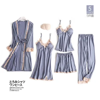 

New 5 PCS Women Pajamas Sets With Pants Sexy Pyjama Satin Silk Nightwear Lace Sleepwear Pyjama Pijama Femme Underwear M-XL