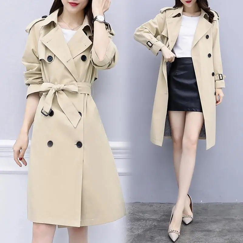 Модная Осенняя верхняя одежда женская тонкая с поясом корейский Тренч средней длины пальто женская элегантная двубортная ветровка большого размера