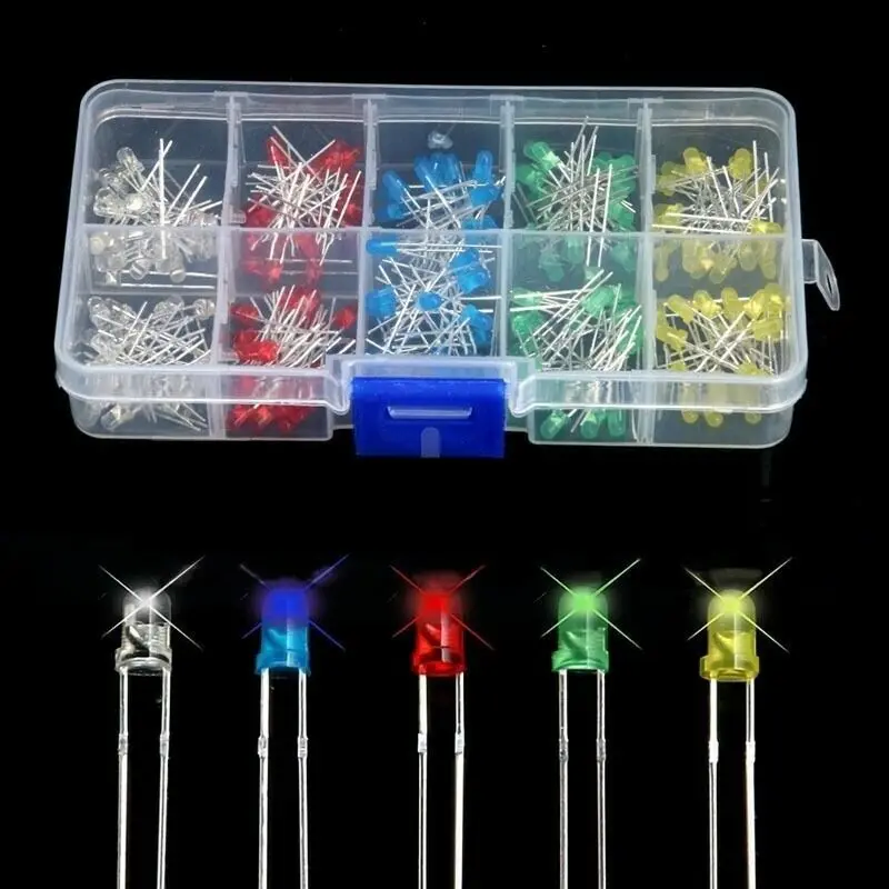 200pcs 3mm LED lights mixed color white yellow red blue green classification diode DIY kit