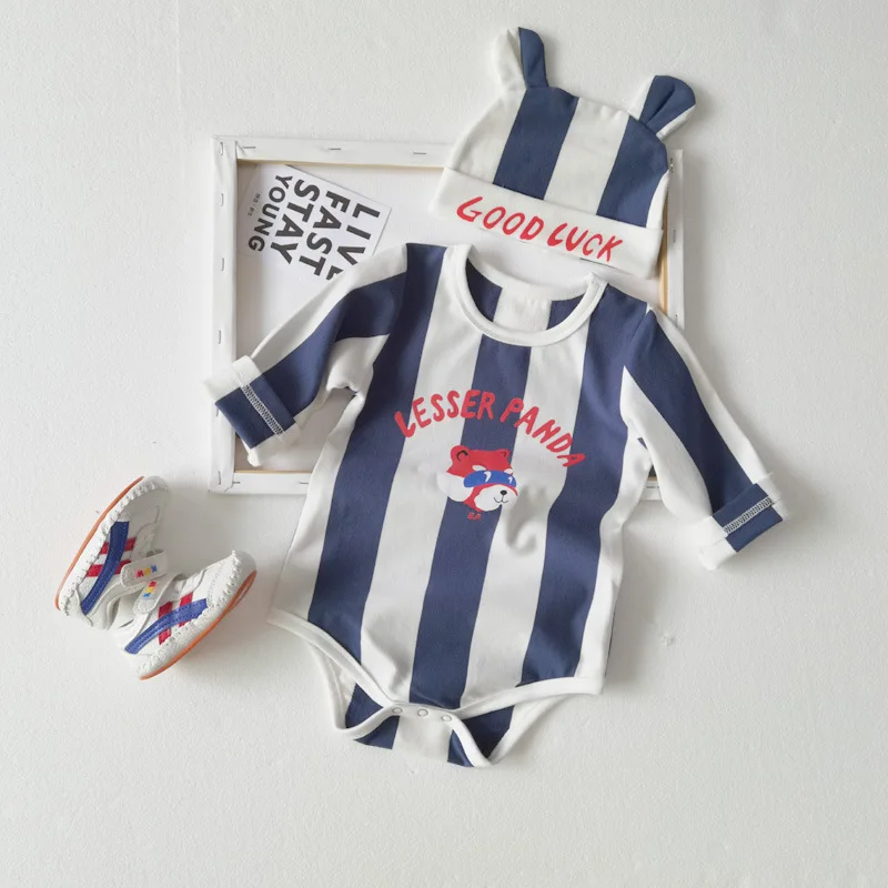 

Baby Girl Bodysuit 2020 Spring and Autumn Baby One-piece Baby Fox Striped Long-sleeved Triangle Bodysuit with Hat