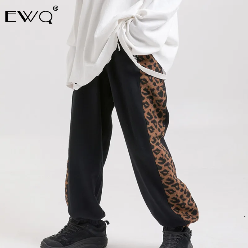 

EWQ / 2019 Autumn New Fashion Leopard Stitching Drawstring Trousers Men Straight Loose Casual Vintage Personal Pants Tide 9A189