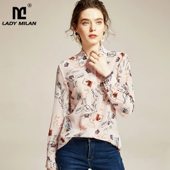 

100% Pure Silk Women's Runway Shirts Turn Down Collar Cartoons Printed Long Sleeves Elegant Blouse Tops